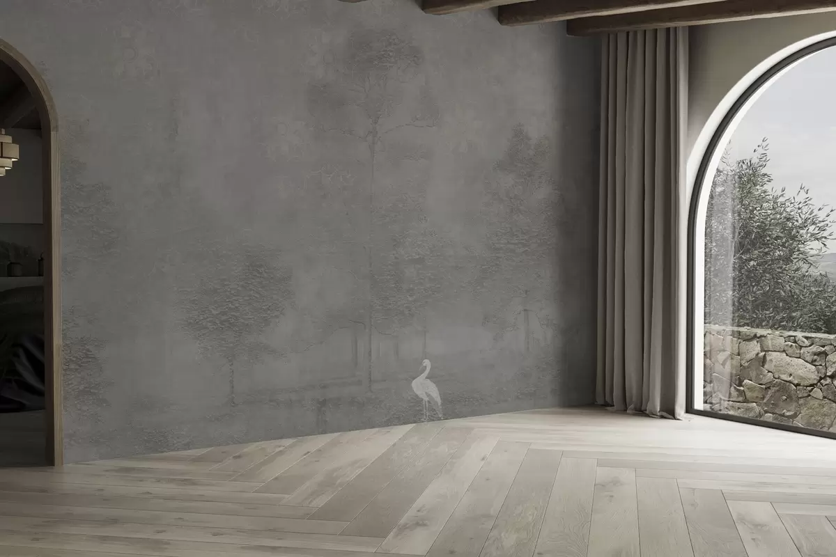 wall murals Light misty forest with a heron in cool gray tones w04953v2