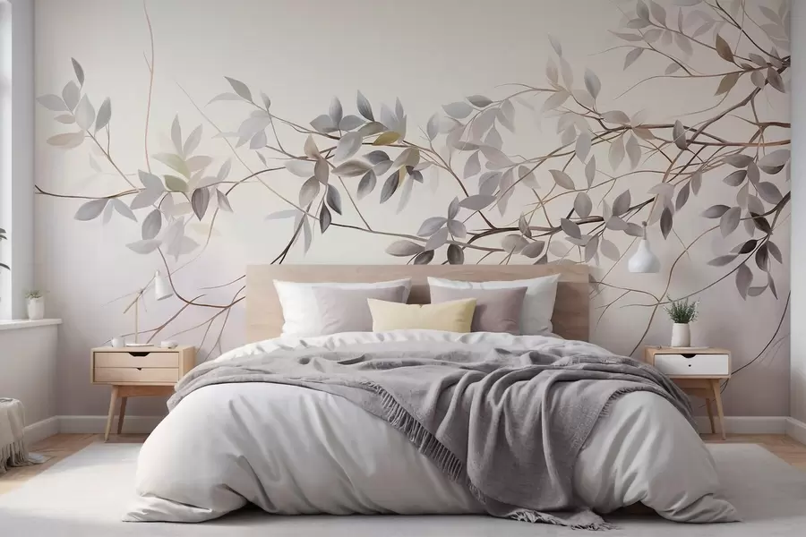 Wall Mural Photo Wallpaper Delicate textured branches with muted grey, purple and green leaves against a soft, blurred background w09336