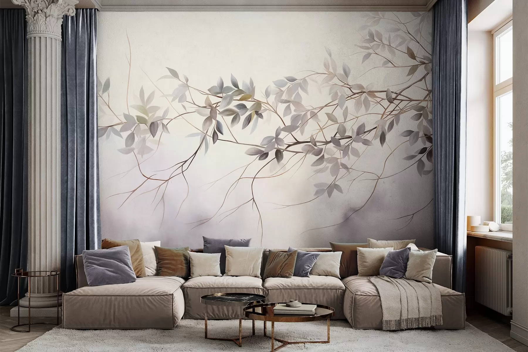 Wall Mural Photo Wallpaper Delicate textured branches with muted grey, purple and green leaves against a soft, blurred background w09336