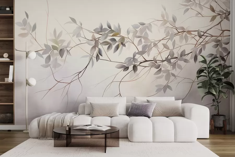 wall murals Delicate textured branches with muted grey, purple and green leaves against a soft, blurred background w09336