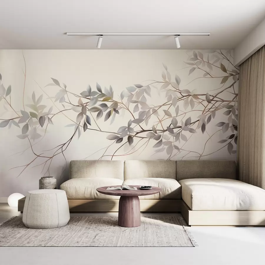 Wall Mural Photo Wallpaper Delicate textured branches with muted grey, purple and green leaves against a soft, blurred background w09336
