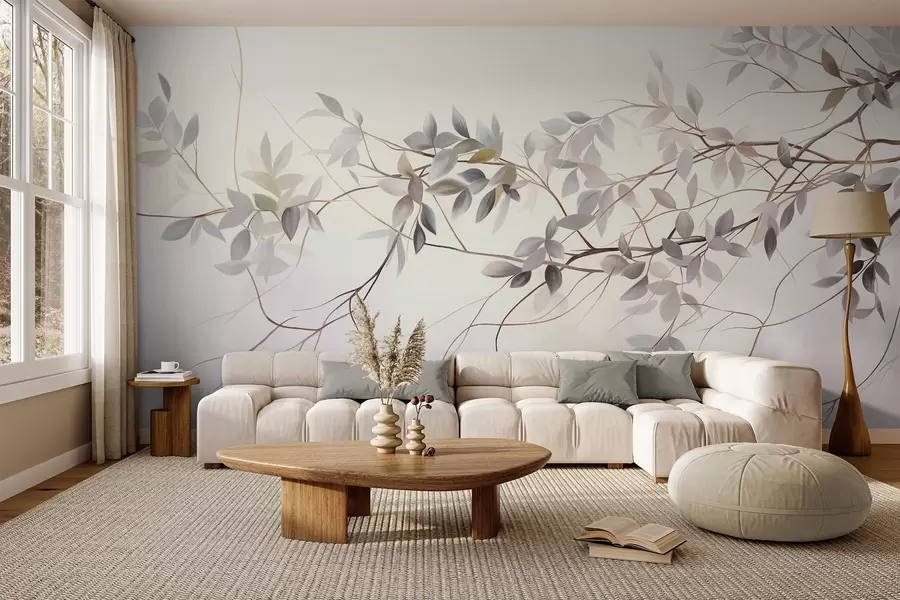 murales Ramas de textura delicada con hojas en tonos grises, morados y verdes apagados sobre un fondo suave y difuminado w09336