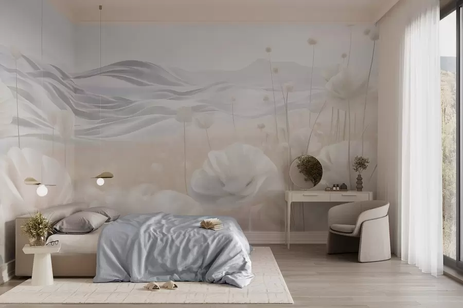 peintures murales Champ texturé de coquelicots crémeux avec des collines ondulantes sous un ciel bleu pâle parsemé de nuages cotonneux, couleurs pastel w09553