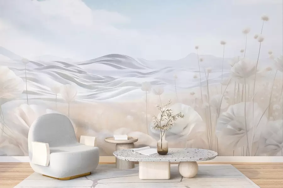 wall murals Textured field of creamy poppies with rolling hills under a pale blue sky with soft clouds, pastel colors w09553