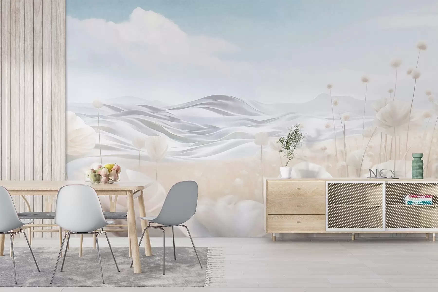 Wall Mural Photo Wallpaper Textured field of creamy poppies with rolling hills under a pale blue sky with soft clouds, pastel colors w09553