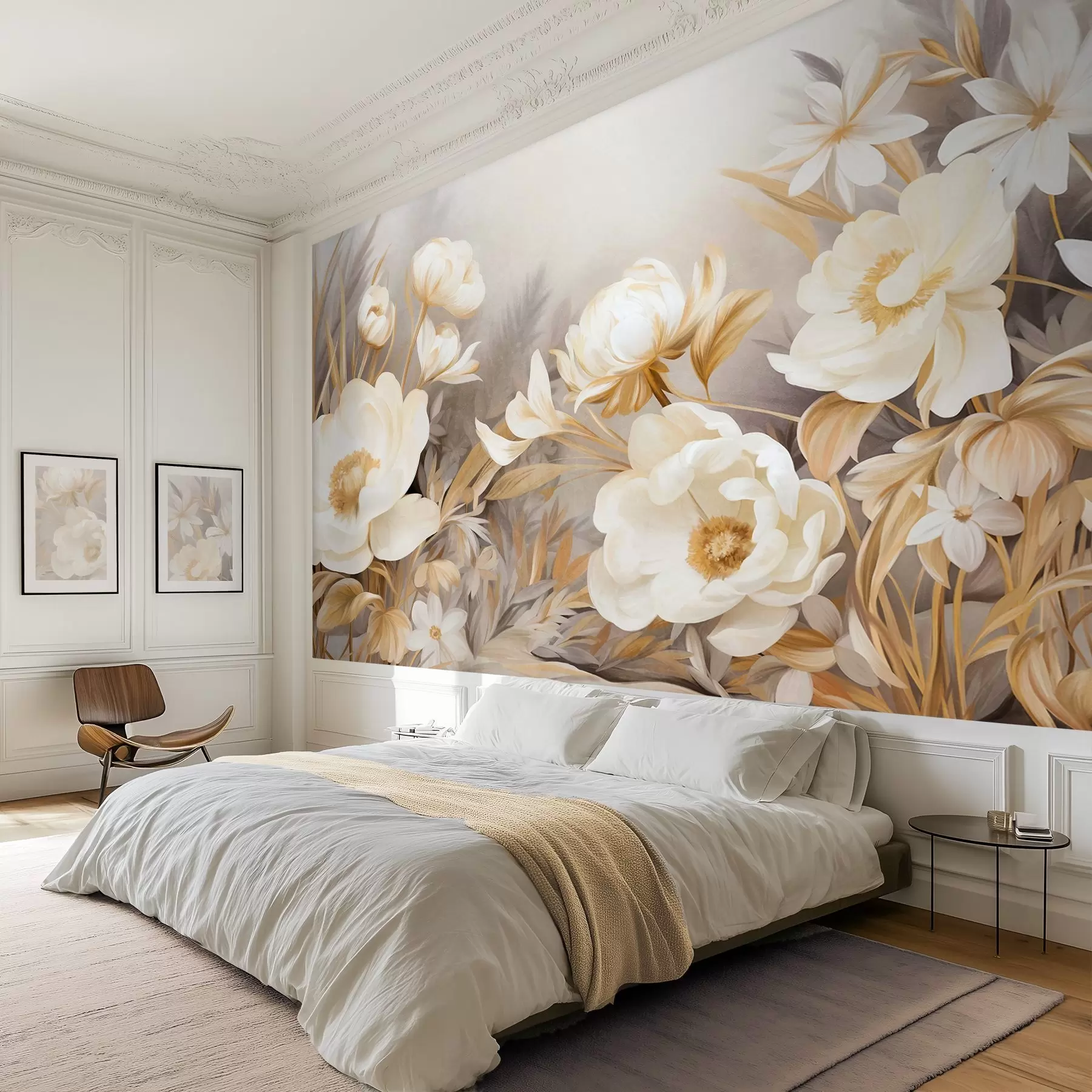 peintures murales Pivoines blanches et jaunes et autres fleurs avec de hautes herbes et des feuilles dans un style doux et pictural w09494