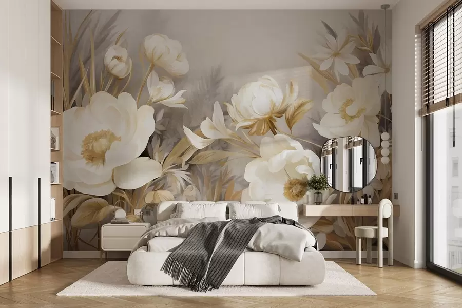 murales Peonías blancas y amarillas y otras flores con hierba alta y hojas en un estilo suave y pictórico con textura w09494