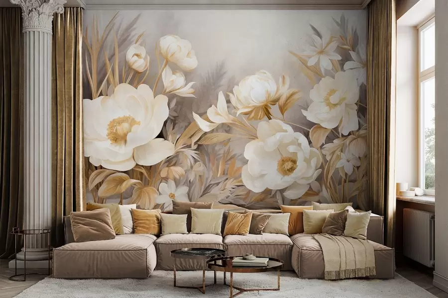 murales Peonías blancas y amarillas y otras flores con hierba alta y hojas en un estilo suave y pictórico con textura. w09494