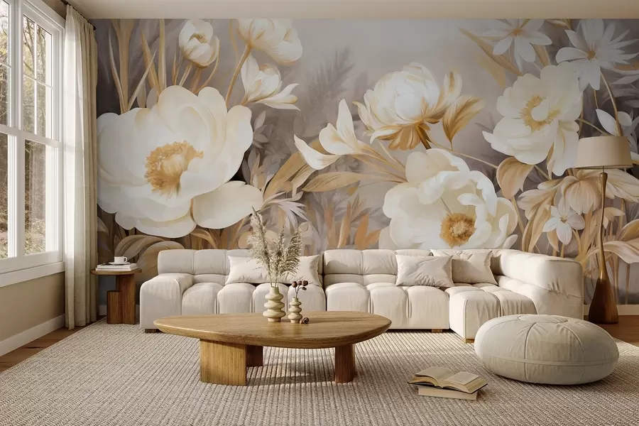 peintures murales Pivoines blanches et jaunes et autres fleurs avec de hautes herbes et des feuilles dans un style doux et pictural w09494