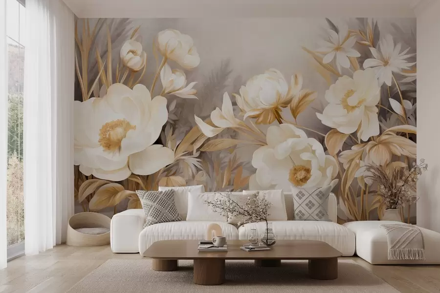wall murals White and yellow peonies and other flowers with tall grass and leaves in a soft, painterly textured style w09494