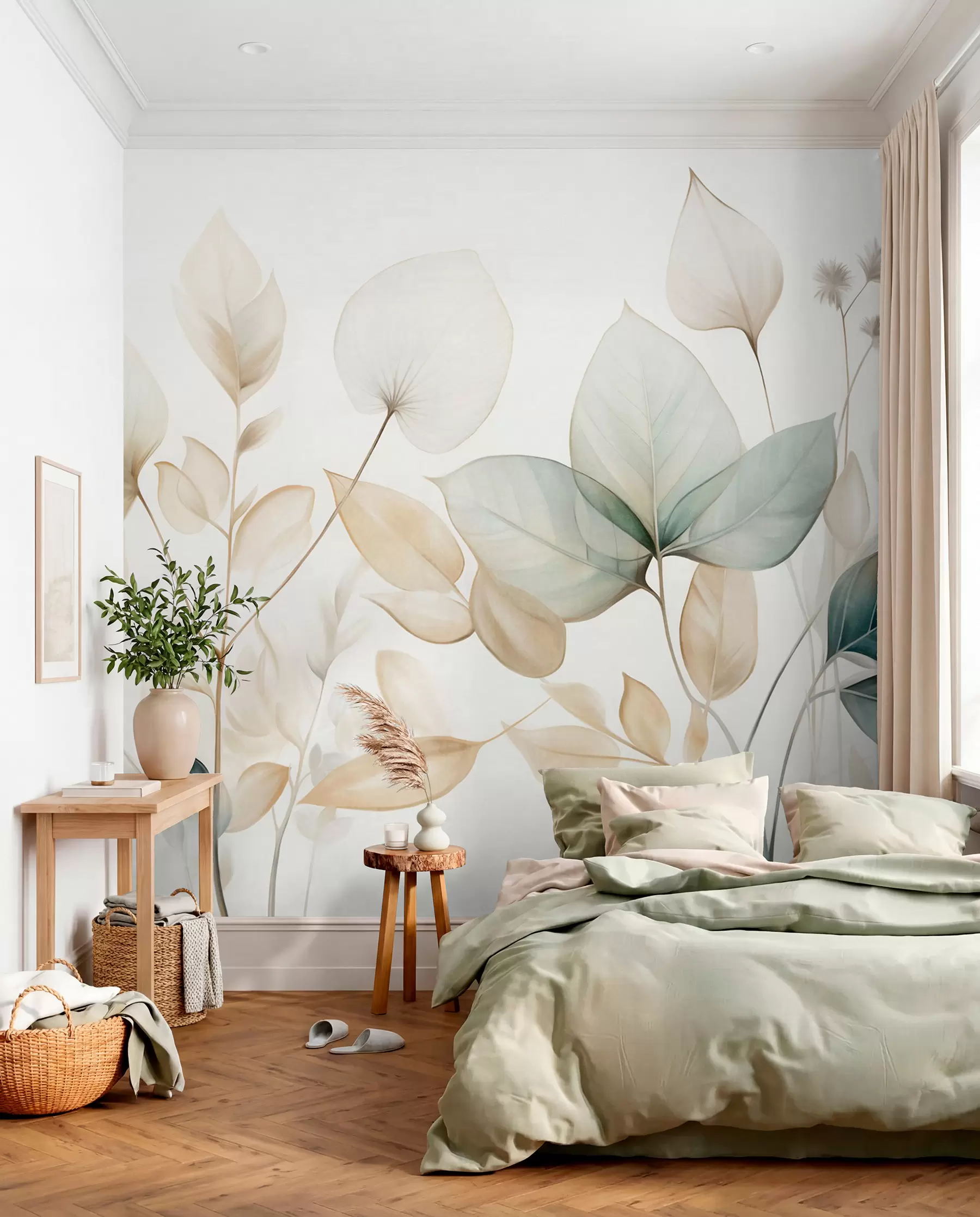 Wall Mural Photo Wallpaper Teal and Cream Leaf Sprigs w09583