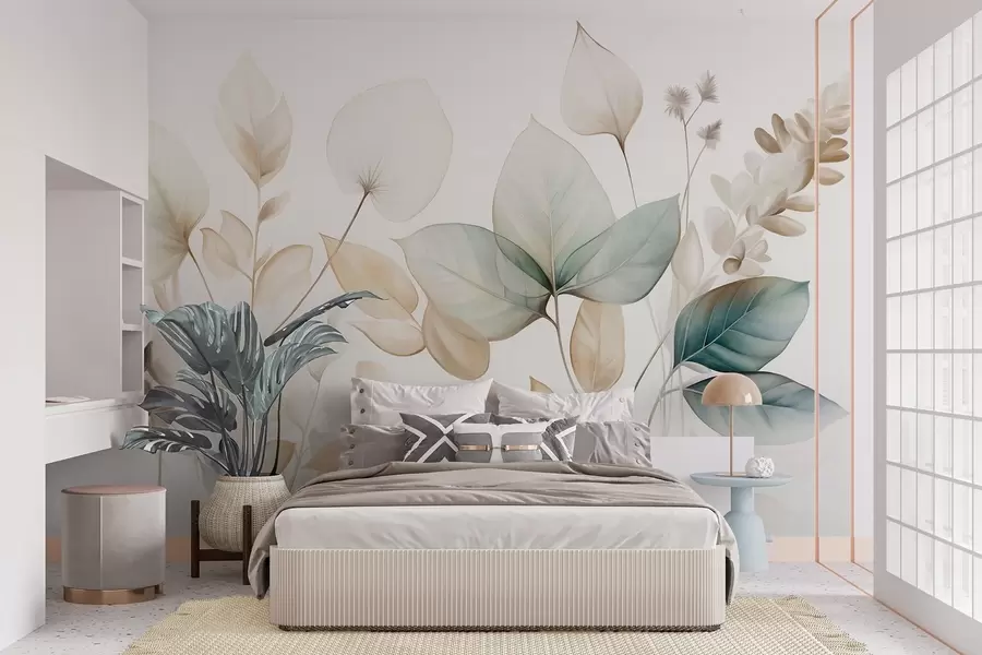 Wall Mural Photo Wallpaper Textured translucent leaves in muted tones of beige and teal, with delicate stems against a soft, light background w09583