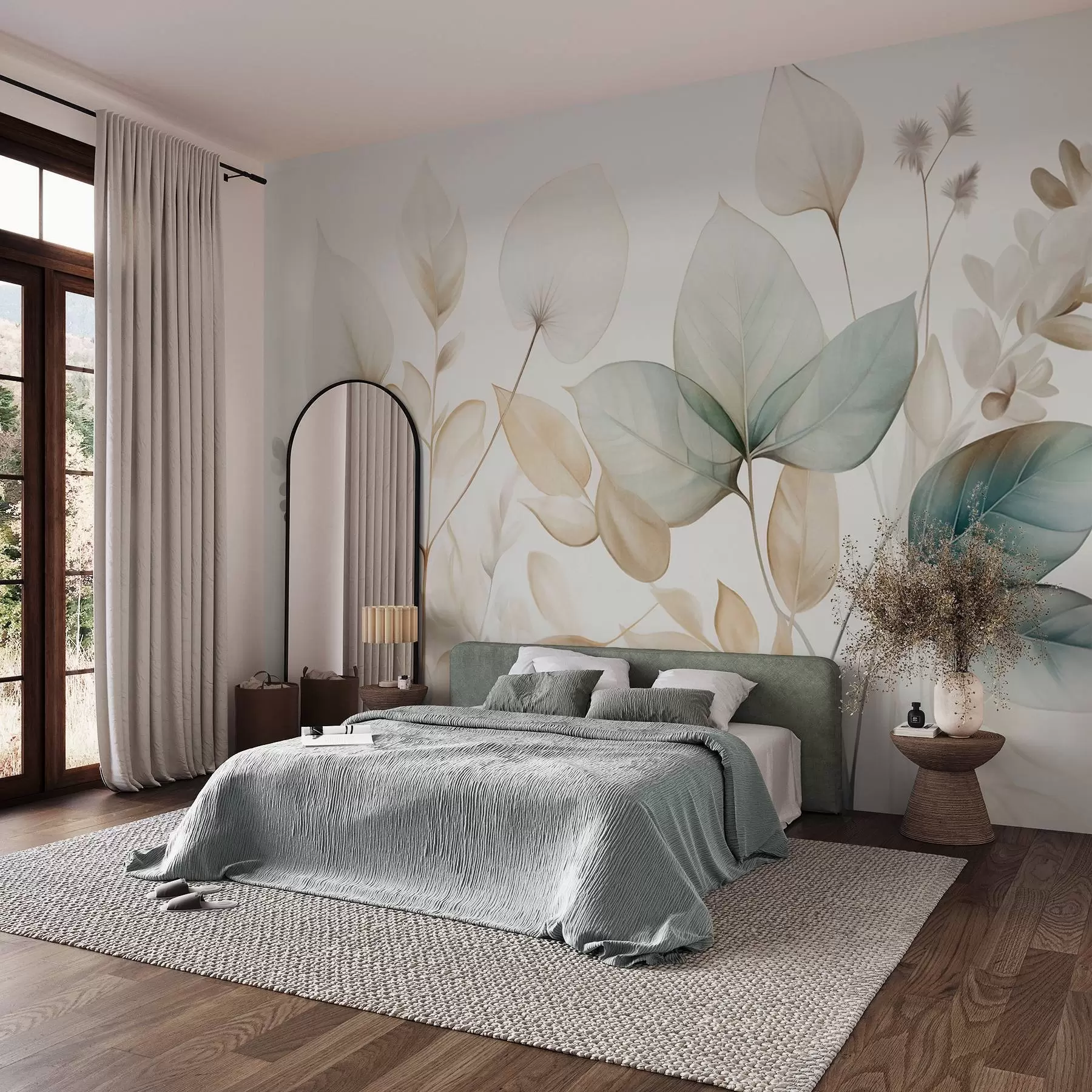 Wall Mural Photo Wallpaper Textured translucent leaves in muted tones of beige and teal, with delicate stems against a soft, light background w09583