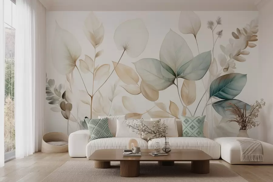 Wall Mural Photo Wallpaper Textured translucent leaves in muted tones of beige and teal, with delicate stems against a soft, light background w09583