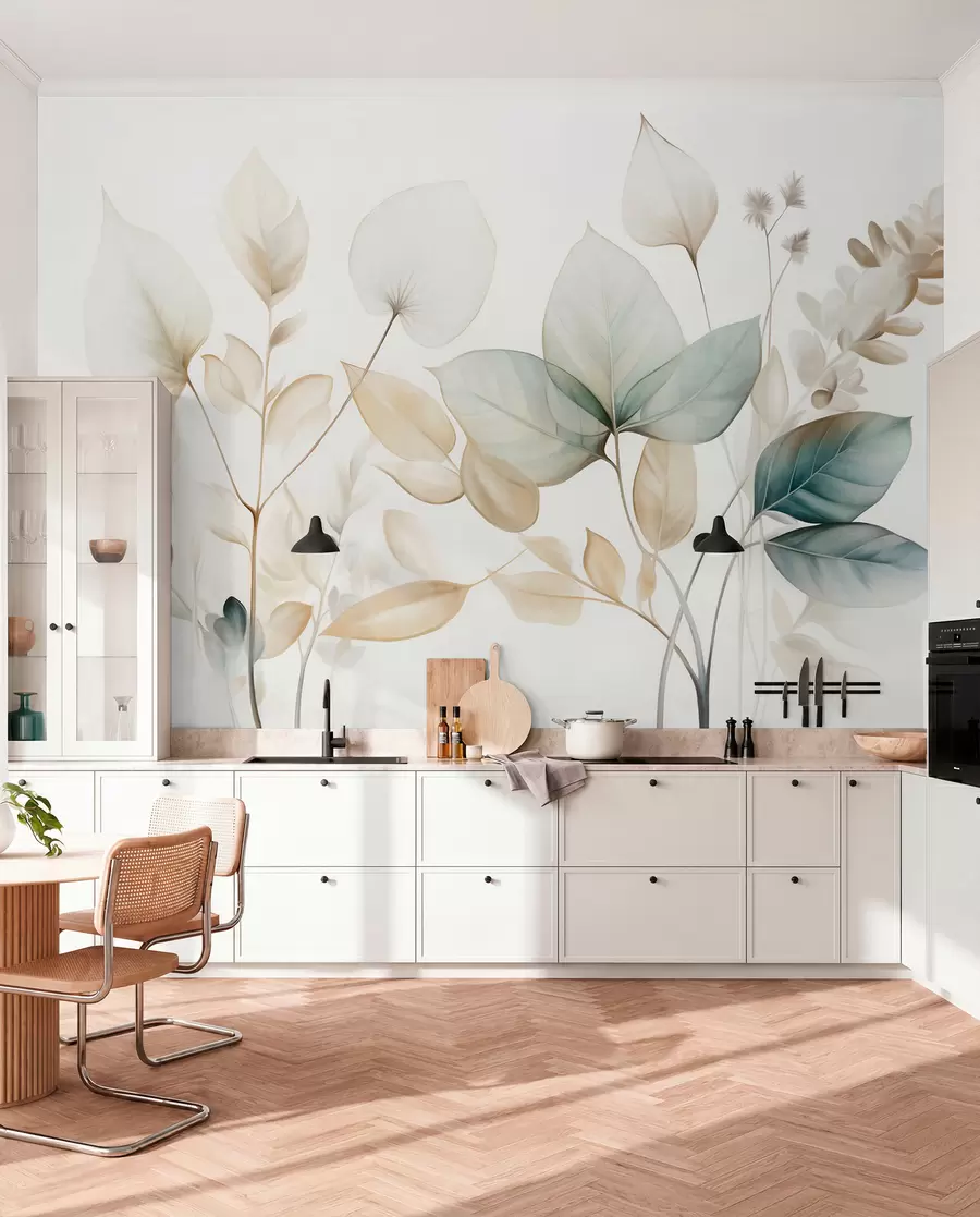 peintures murales Feuilles texturées translucides dans des tons discrets de beige et de bleu sarcelle, avec des tiges délicates sur un fond doux et clair w09583