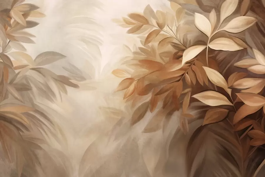 wall murals Brown and beige leaves with soft, blurred textured foliage, in a painterly style with visible brushstrokes w09584