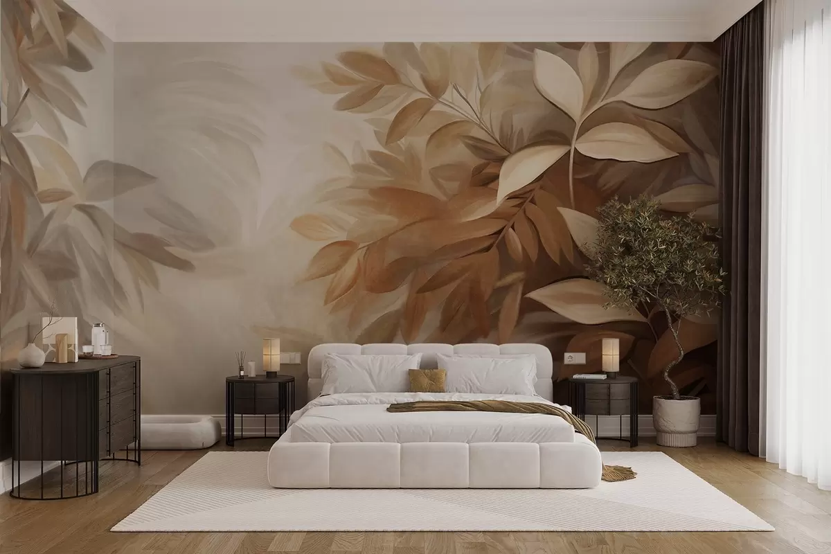 Wall Mural Photo Wallpaper Brown and beige leaves with soft, blurred textured foliage, in a painterly style with visible brushstrokes w09584