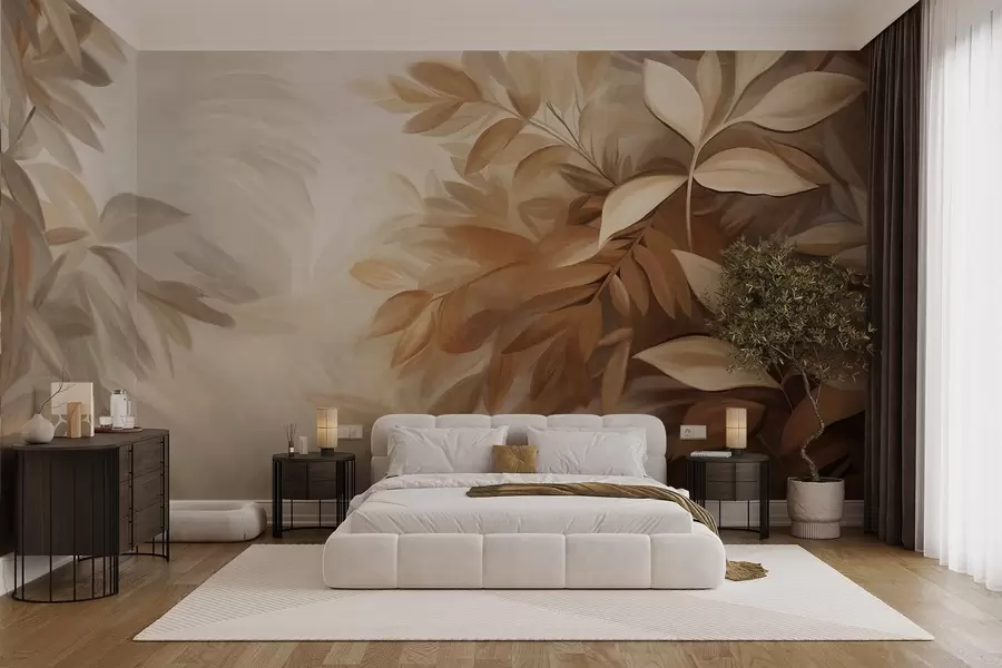 Wall Mural Photo Wallpaper Brown and beige leaves with soft, blurred textured foliage, in a painterly style with visible brushstrokes w09584