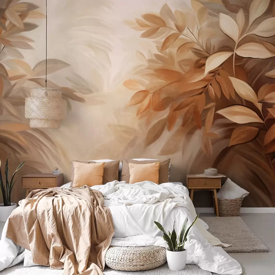 Wall Mural Photo Wallpaper Brown and beige leaves with soft, blurred textured foliage, in a painterly style with visible brushstrokes w09584