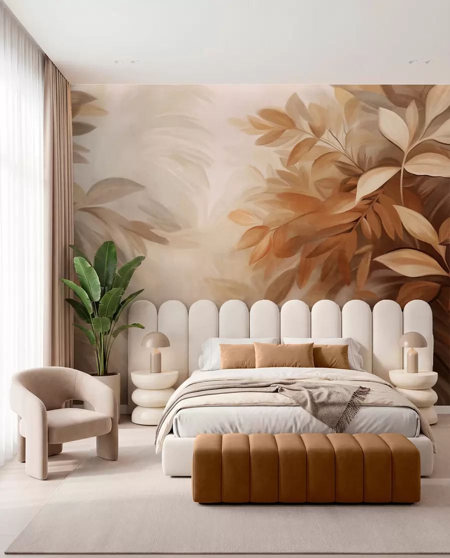 Wall Mural Photo Wallpaper Brown and beige leaves with soft, blurred textured foliage, in a painterly style with visible brushstrokes w09584