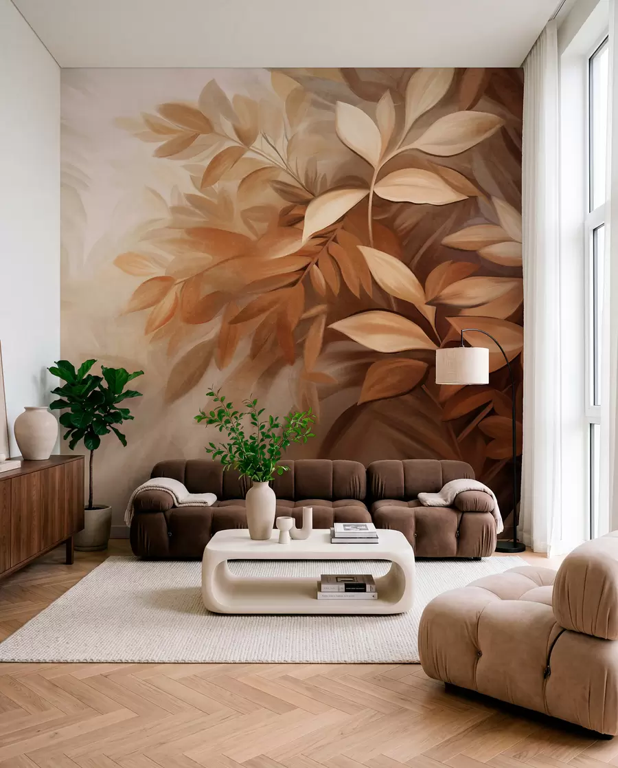 Wall Mural Photo Wallpaper Brown and beige leaves with soft, blurred textured foliage, in a painterly style with visible brushstrokes w09584