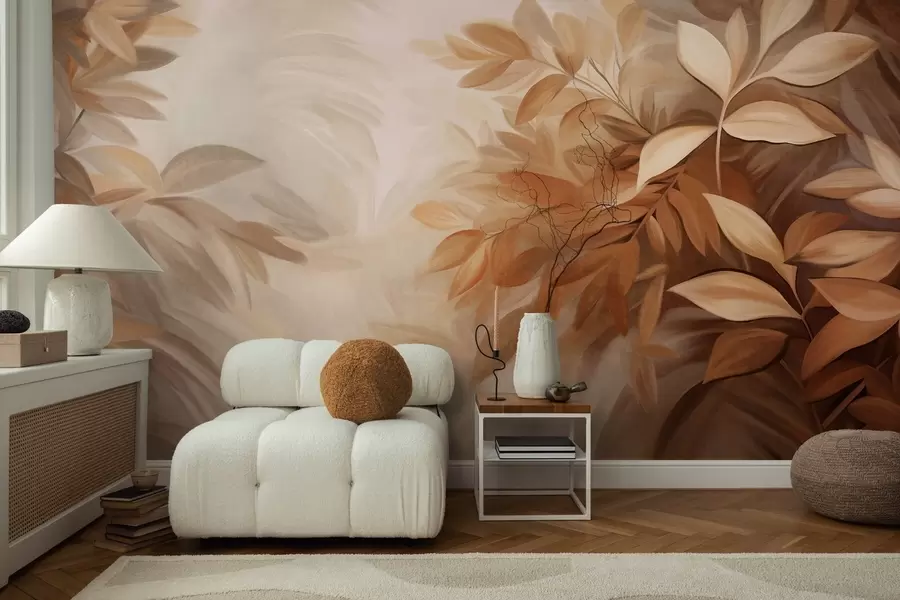 Wall Mural Photo Wallpaper Brown and beige leaves with soft, blurred textured foliage, in a painterly style with visible brushstrokes w09584