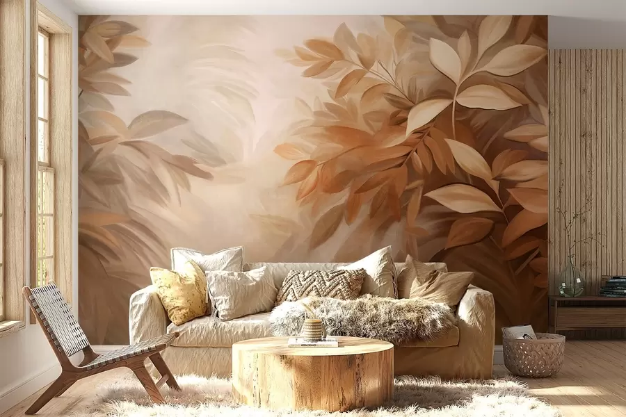 murales Hojas marrones y beige con un follaje de textura suave y difuminada, en un estilo pictórico con pinceladas visibles w09584