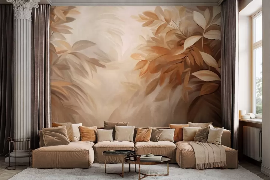 Wall Mural Photo Wallpaper Brown and beige leaves with soft, blurred textured foliage, in a painterly style with visible brushstrokes w09584