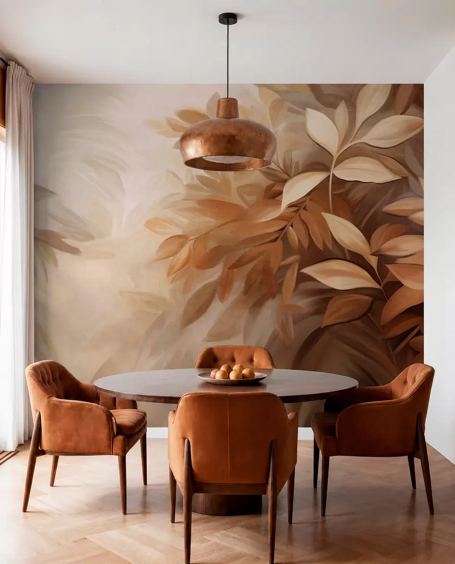 Wall Mural Photo Wallpaper Brown and beige leaves with soft, blurred textured foliage, in a painterly style with visible brushstrokes w09584