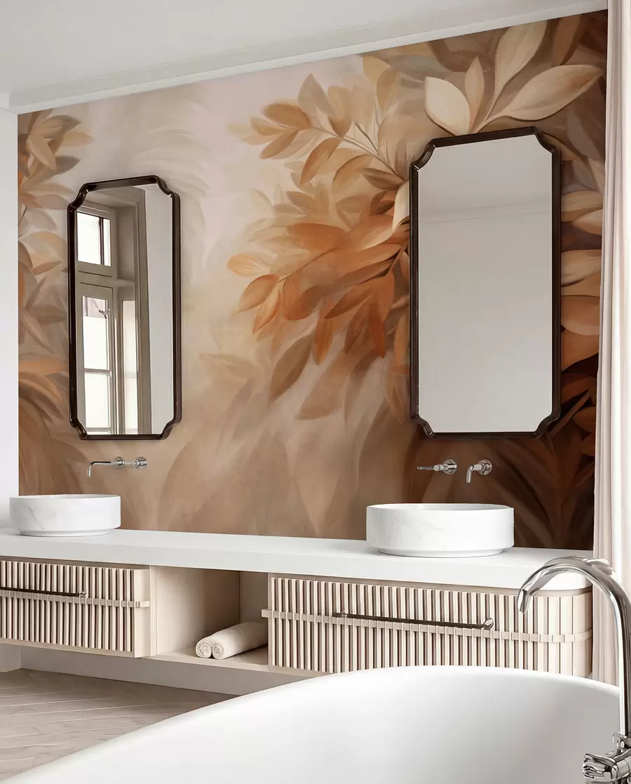 wall murals Brown and beige leaves with soft, blurred textured foliage, in a painterly style with visible brushstrokes w09584