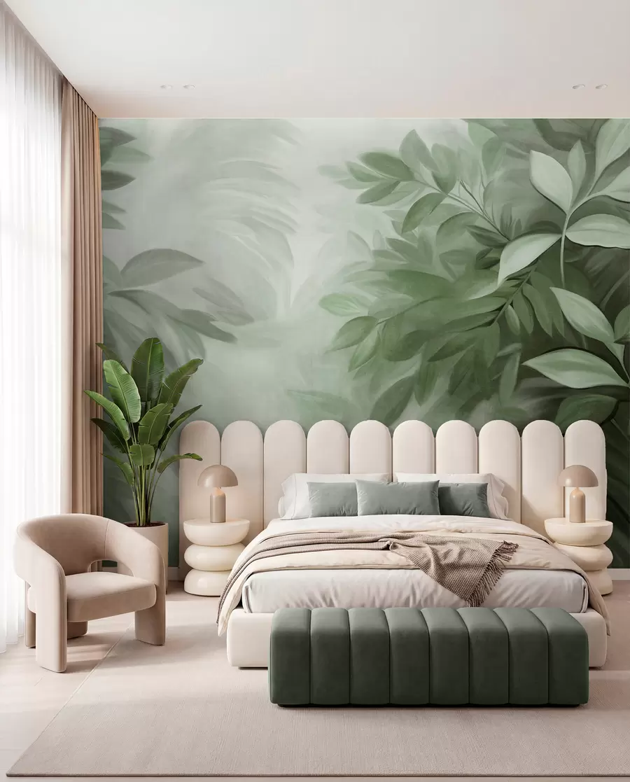wall murals Green and gray leaves with soft, blurred textured foliage, in a painterly style with visible brushstrokes w09584v1