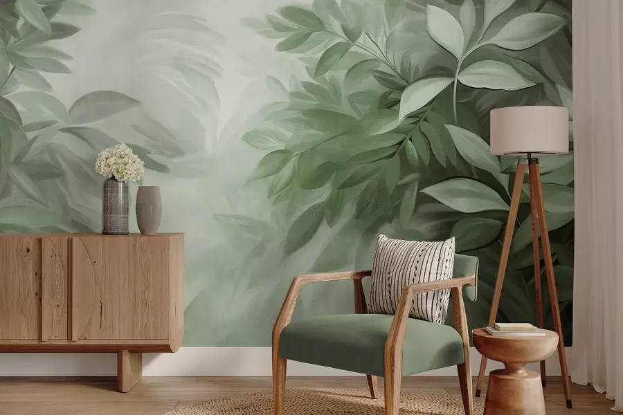 wall murals Green and gray leaves with soft, blurred textured foliage, in a painterly style with visible brushstrokes w09584v1