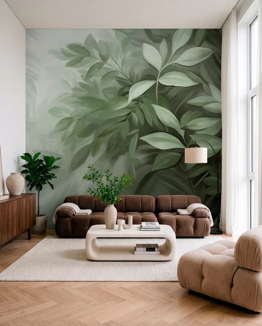 Wall Mural Photo Wallpaper Green and gray leaves with soft, blurred textured foliage, in a painterly style with visible brushstrokes w09584v1