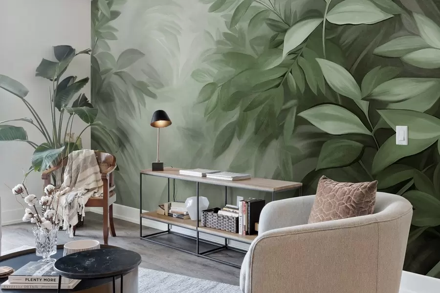 Wall Mural Photo Wallpaper Green and gray leaves with soft, blurred textured foliage, in a painterly style with visible brushstrokes w09584v1