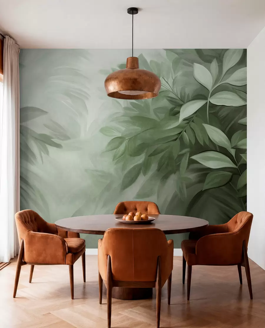 peintures murales Feuilles vertes et grises avec un feuillage doux et flou, dans un style pictural avec des coups de pinceau visibles w09584v1