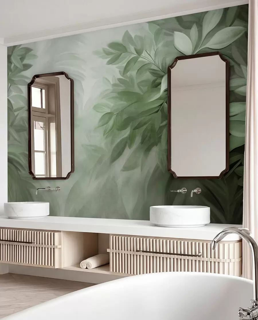 wall murals Green and gray leaves with soft, blurred textured foliage, in a painterly style with visible brushstrokes w09584v1