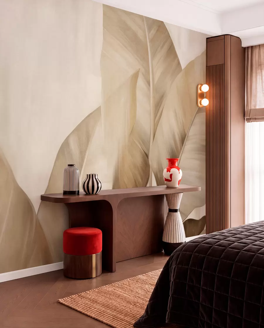 peintures murales Grandes feuilles de bananier texturées, de couleur brun clair, sur fond beige clair, avec une esthétique douce et minimaliste w09586