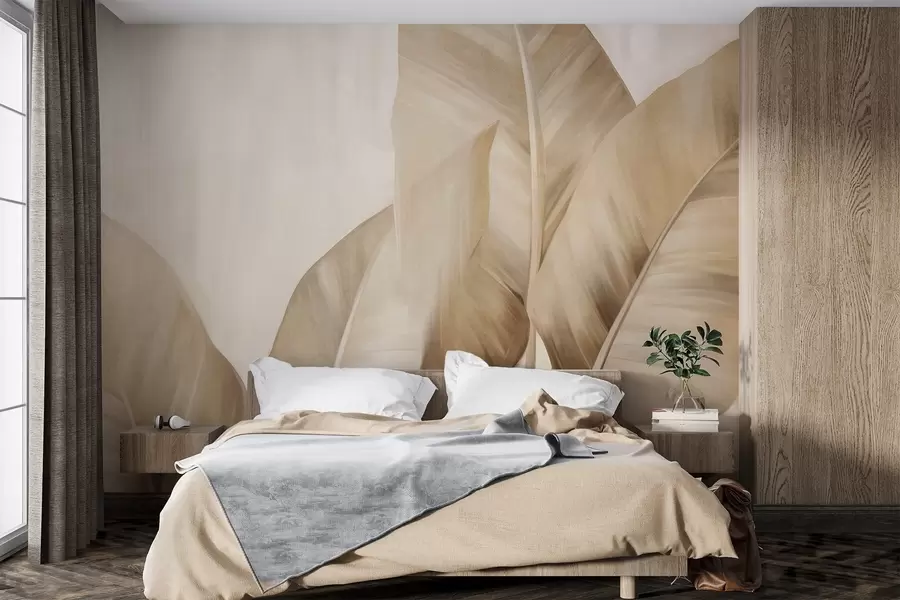 Wall Mural Photo Wallpaper Textured large, light brown banana leaves against a light beige background, with soft and minimalist aesthetic w09586