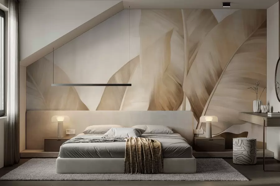 Wall Mural Photo Wallpaper Textured large, light brown banana leaves against a light beige background, with soft and minimalist aesthetic w09586