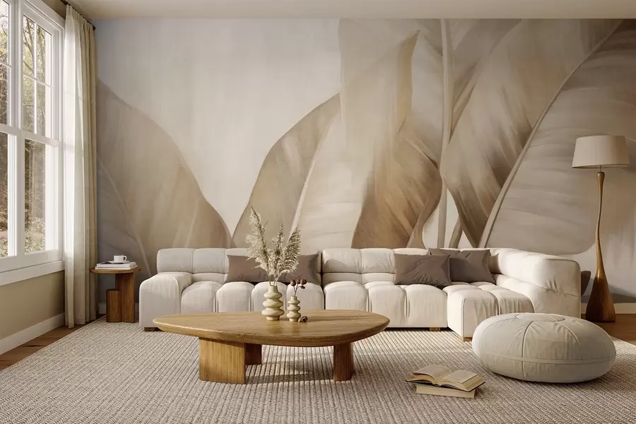 Wall Mural Photo Wallpaper Textured large, light brown banana leaves against a light beige background, with soft and minimalist aesthetic w09586