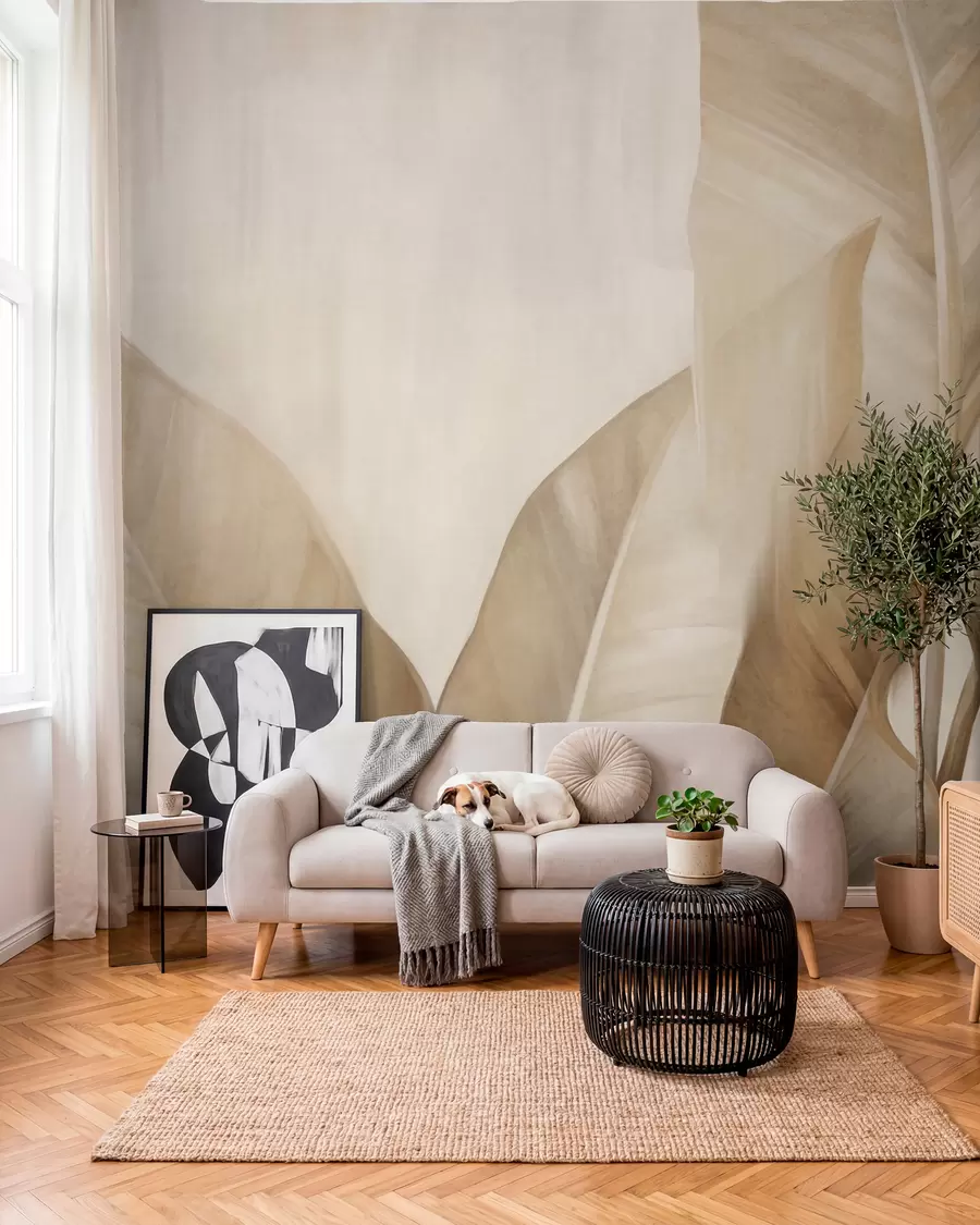 wall murals Textured large, light brown banana leaves against a light beige background, with soft and minimalist aesthetic w09586