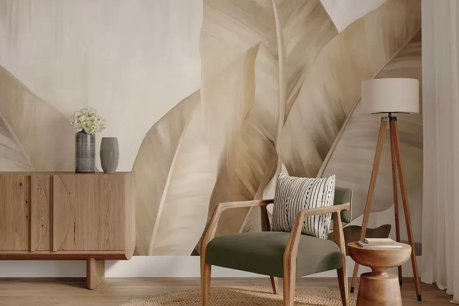 murales Hojas de plátano grandes y texturizadas de color marrón claro sobre un fondo beige claro, con una estética suave y minimalista w09586