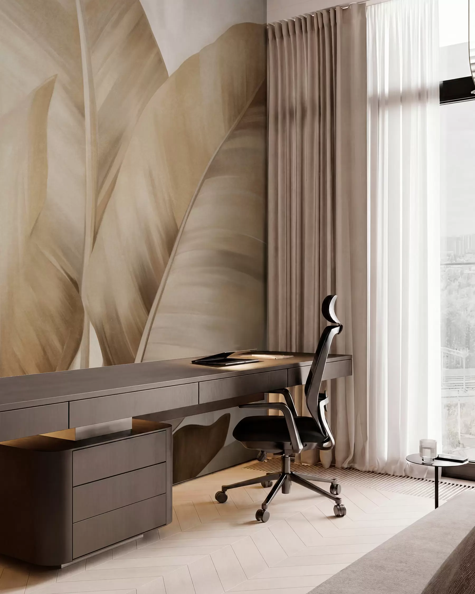 murales Hojas de plátano grandes y texturizadas de color marrón claro sobre un fondo beige claro, con una estética suave y minimalista w09586