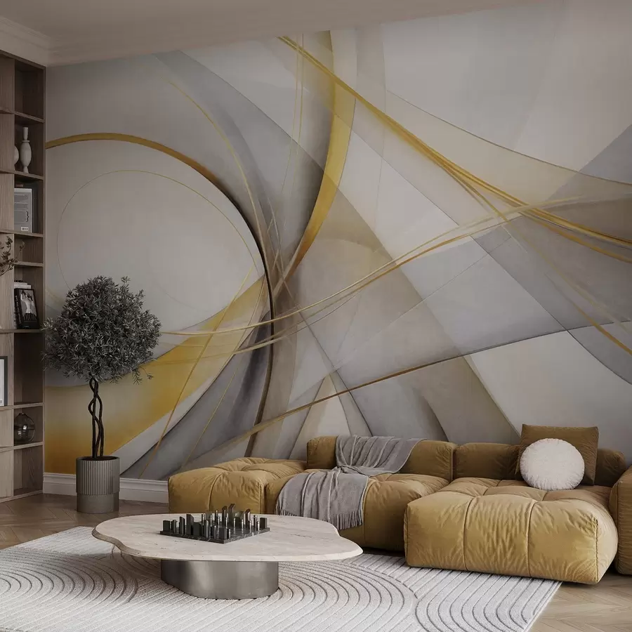 Wall Mural Photo Wallpaper Abstract flowing lines in yellow and white on a gray background, with a sense of movement and depth, modern art w09587