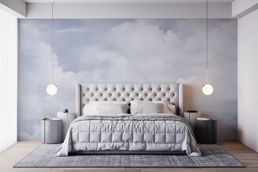Wall Mural Photo Wallpaper Pastel textured sky filled with white clouds with soft and minimalist aesthetic w09589