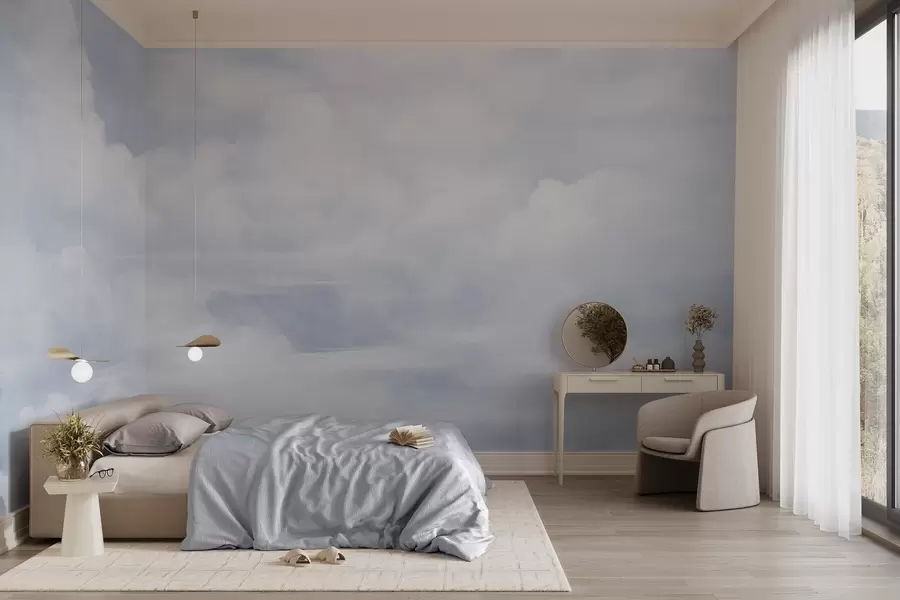 murales Cielo con textura pastel lleno de nubes blancas con una estética suave y minimalista w09589
