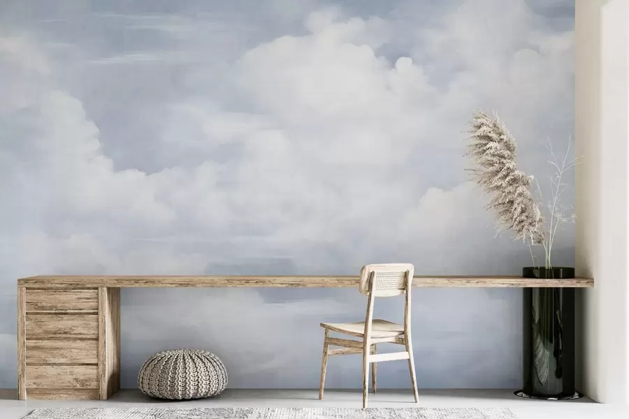 murales Cielo con textura pastel lleno de nubes blancas con una estética suave y minimalista. w09589