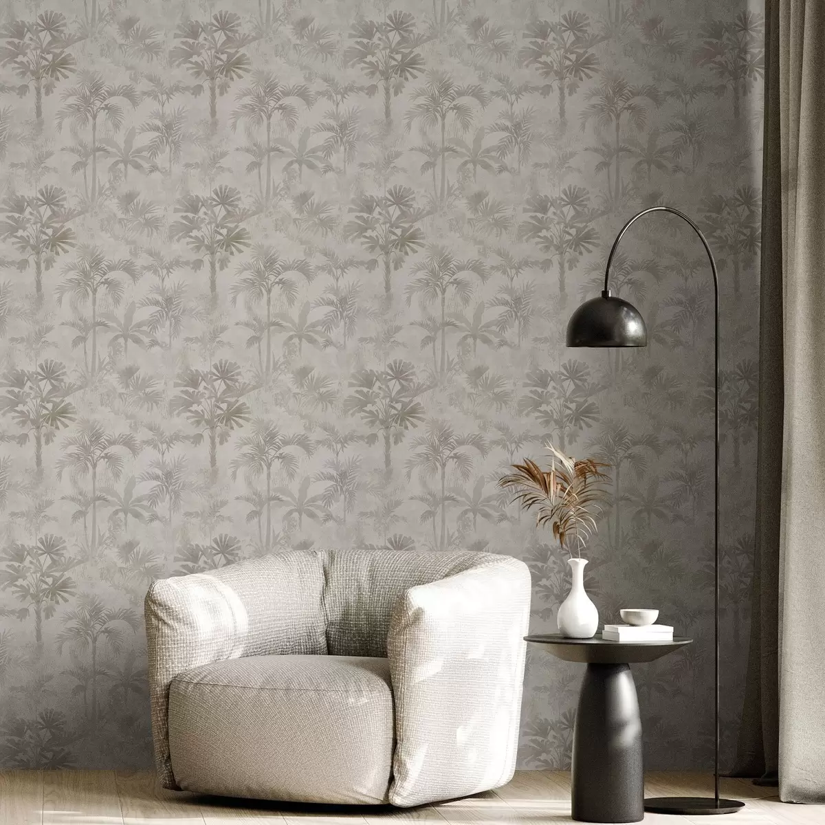 Papier peint Palmeraie brumeuse dans des tons beiges chauds a00881