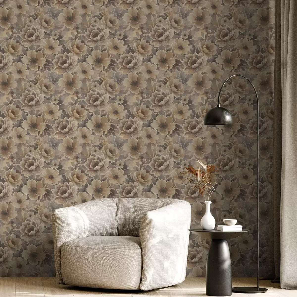 Papier peint Fleurs beiges picturales sur fond abstrait fumé a00884