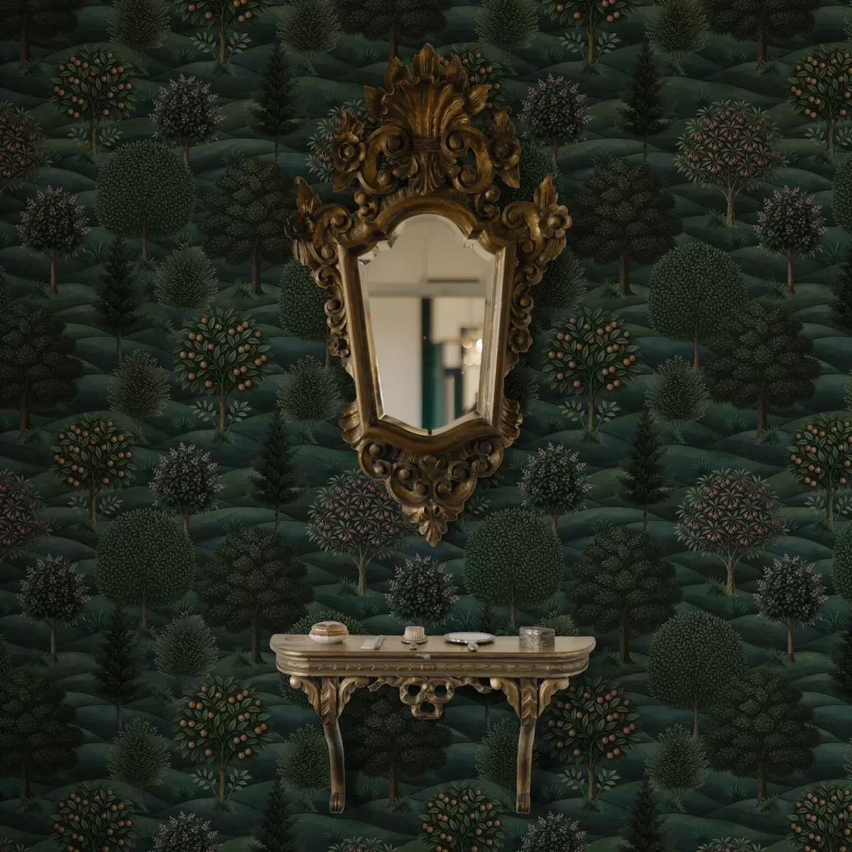 Papier peint Paysage verdoyant et vallonné parsemé d'arbres disposés en motifs a00892